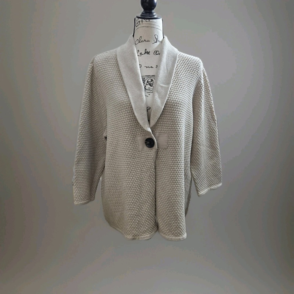 Liz Claiborne Cardigan Women's Size 3X Beige Shawl‎ Collar Sweater 100% Cotton